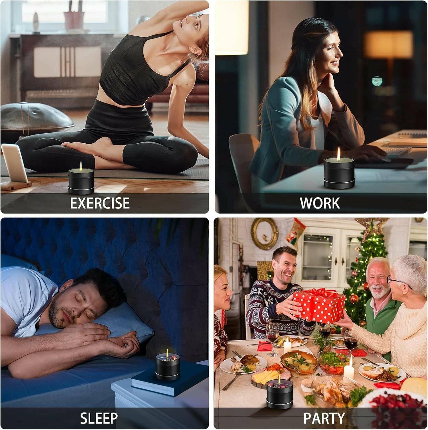 Collage showcasing the Creative Candle Making Kit's scented candles used during exercise, work, sleep, and parties. Perfect for relaxation and ambiance.