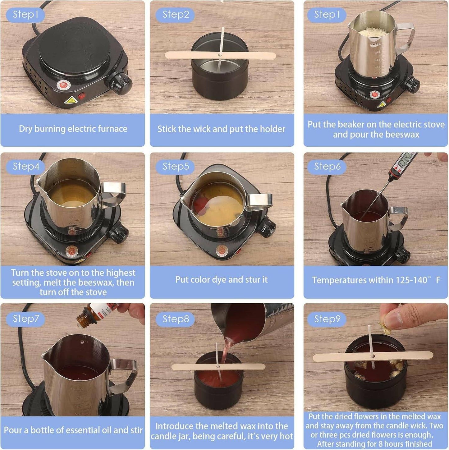 Step-by-step guide for using the Creative Candle Making Kit, showing tools like an electric furnace, beaker, and essential oils for crafting candles.