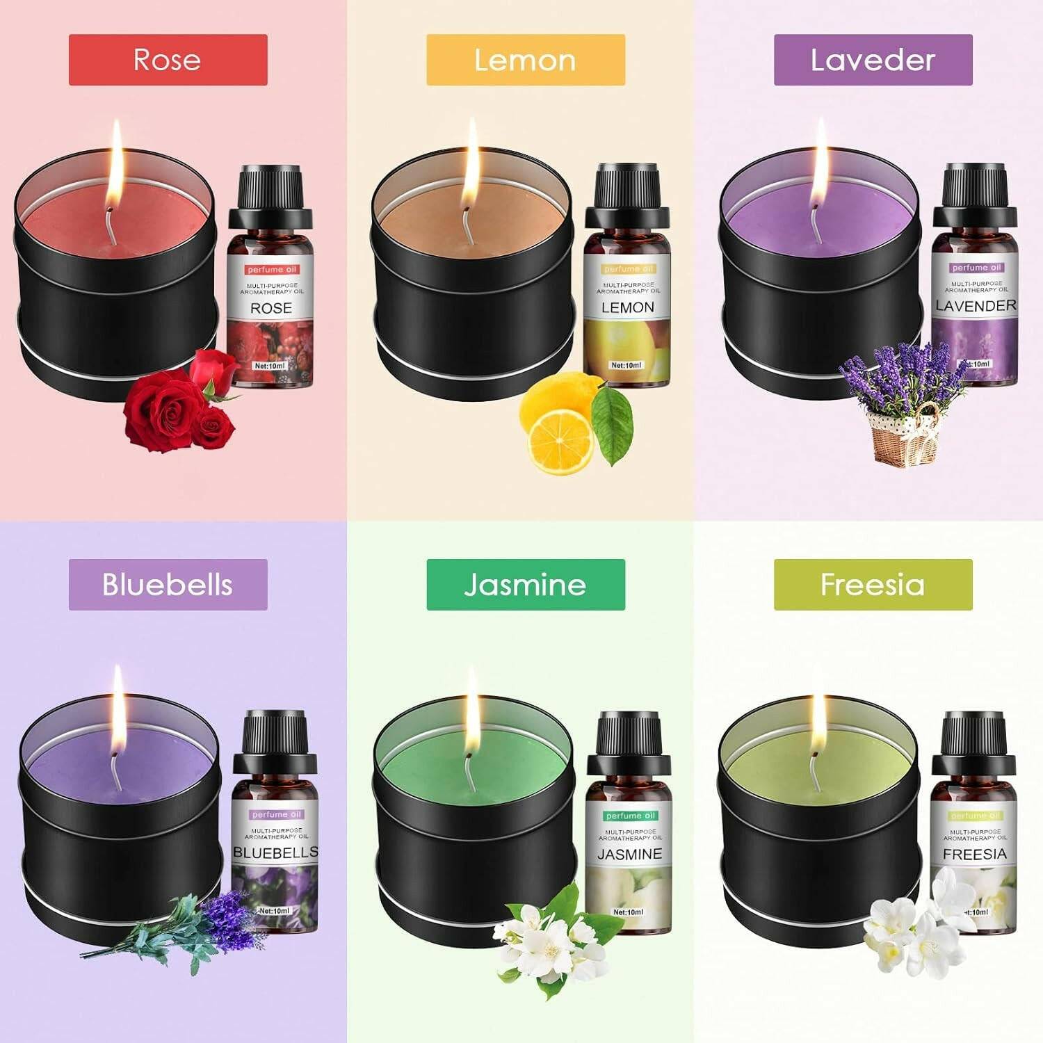 Creative Candle Making Kit featuring scented candles in rose, lemon, lavender, bluebells, jasmine, and freesia with essential oils and black tins.